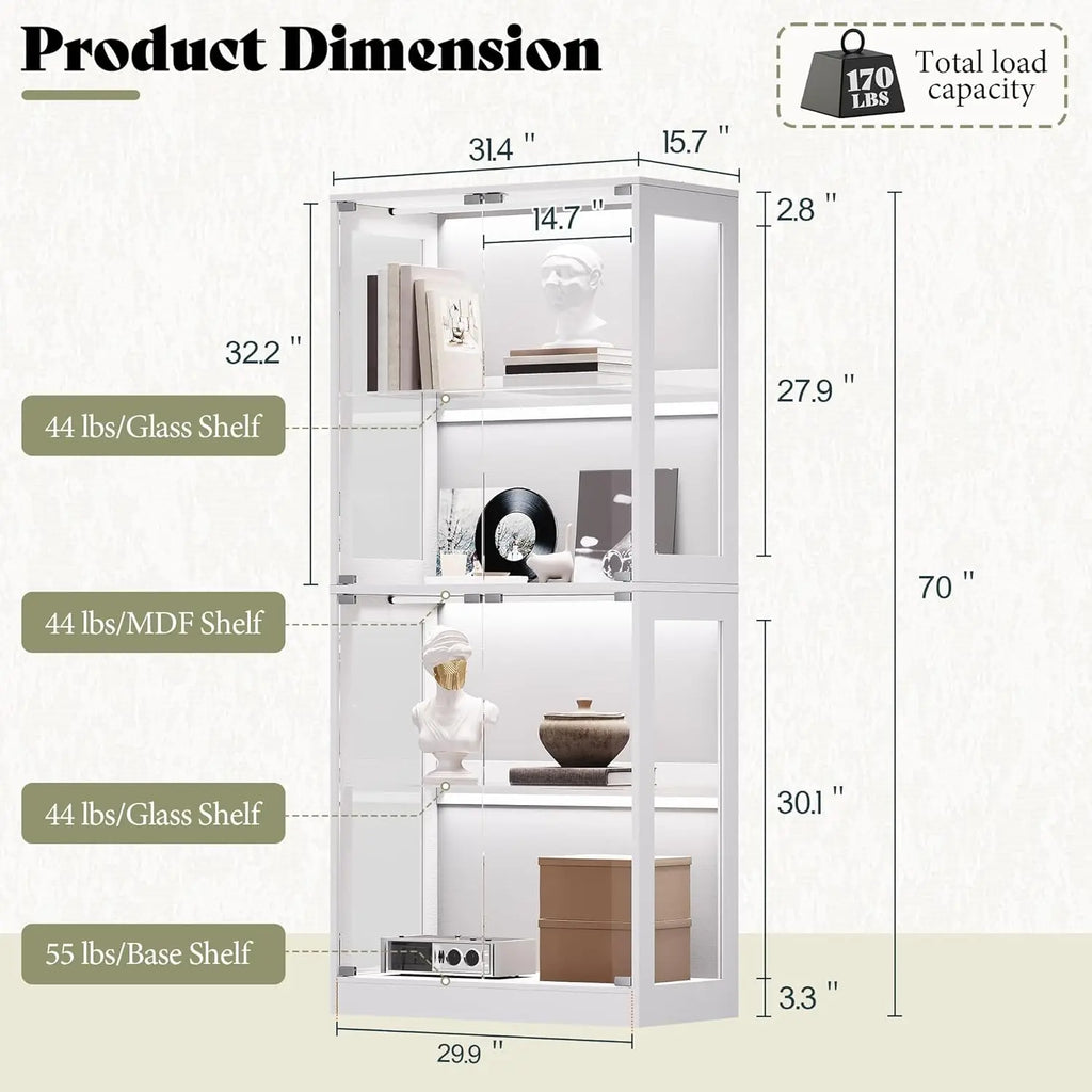 RGB Display Cabinet with Adjustable Glass Shelves, 4-Tier Storage Case with LED Lights & Press-to-Open Doors, Modern Display