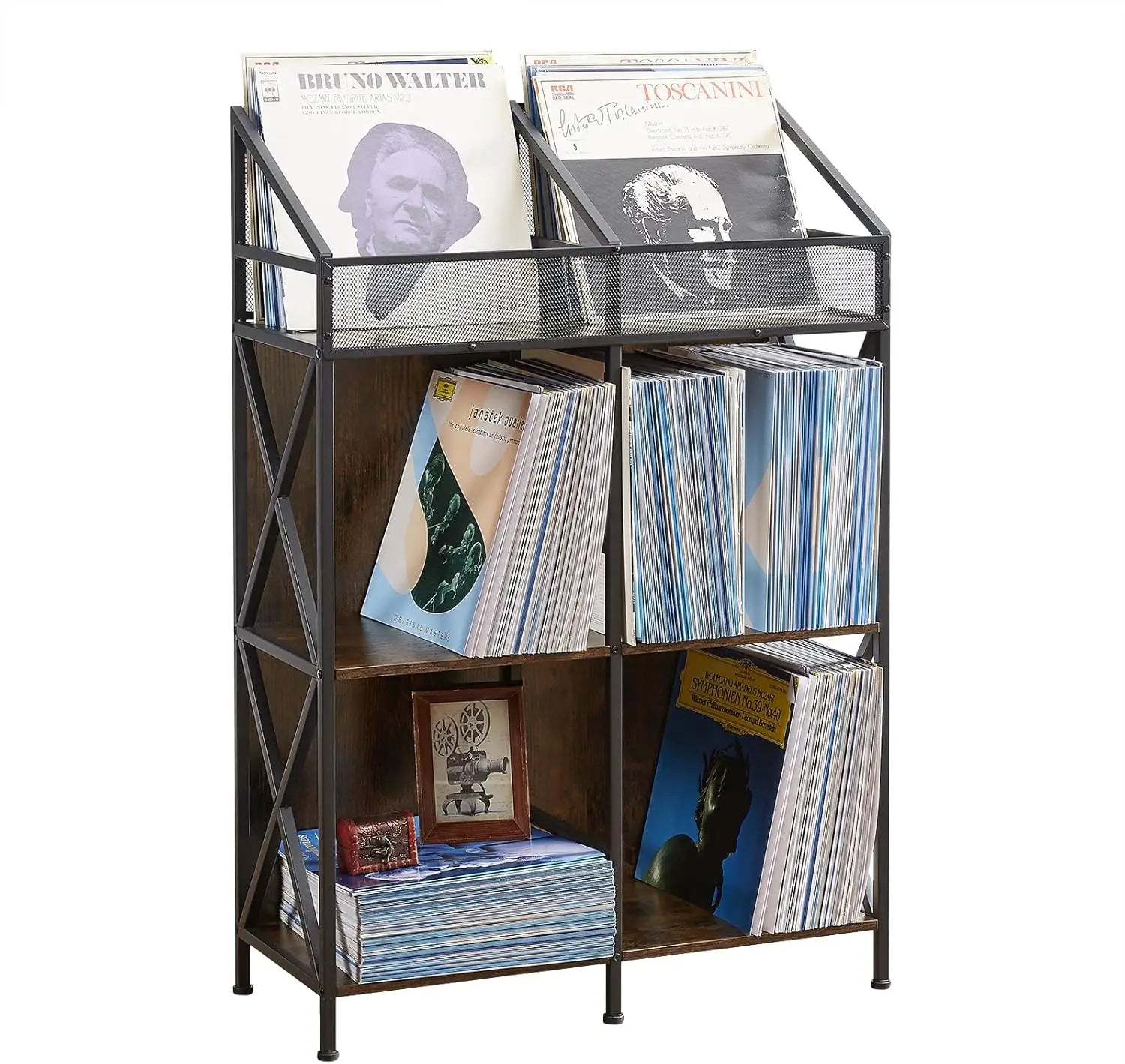 6 Grids Vinyl Record Storage Holder Rack, Wooden Display Table for Magazines Files Albums Books in Living Room Bedroom