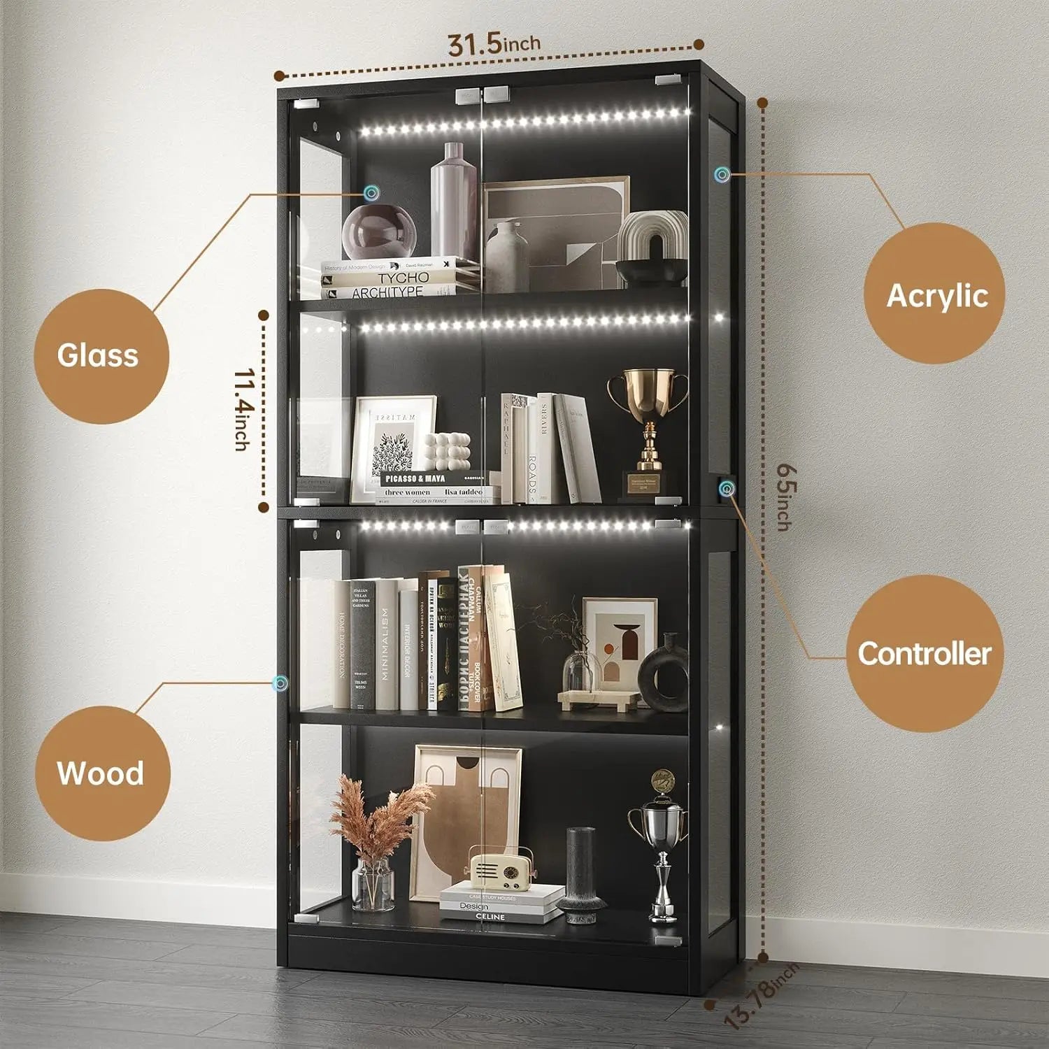4-Tier Glass Door Display Cabinet with HD Glass, Human Sensor & 3 Lighting Modes for Curio Trophy, Custom
