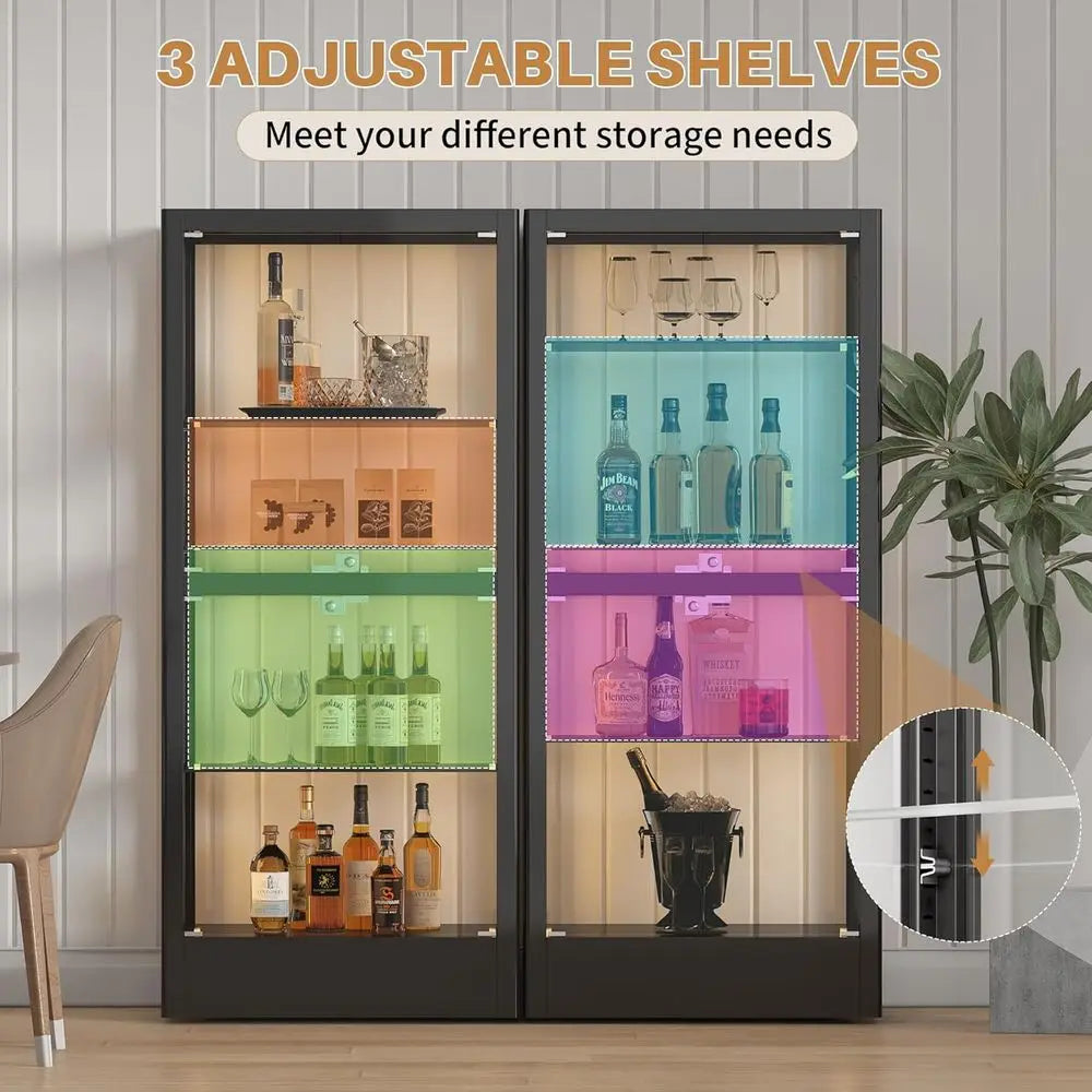 4-Sided Lockable Glass Display Cabinet with 13 Color Lights, Adjustable Shelves for Collectibles, Wine, China, 28 W, Black