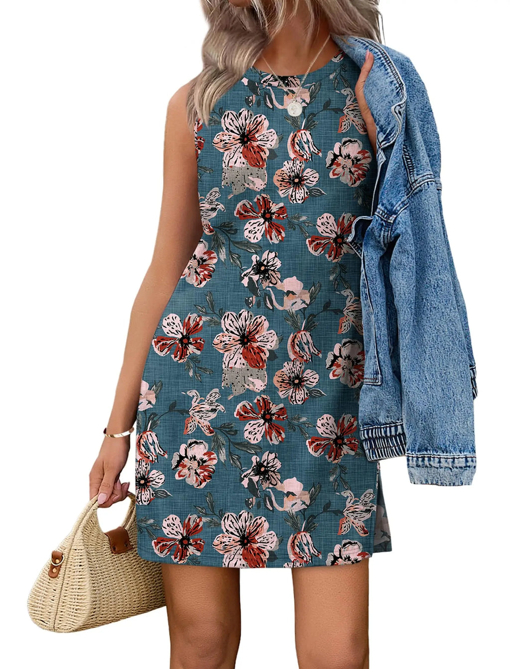 Casual Sleeveless Crewneck Dress Women Boho Summer Vacation Floral Paisley Print Mini Dress