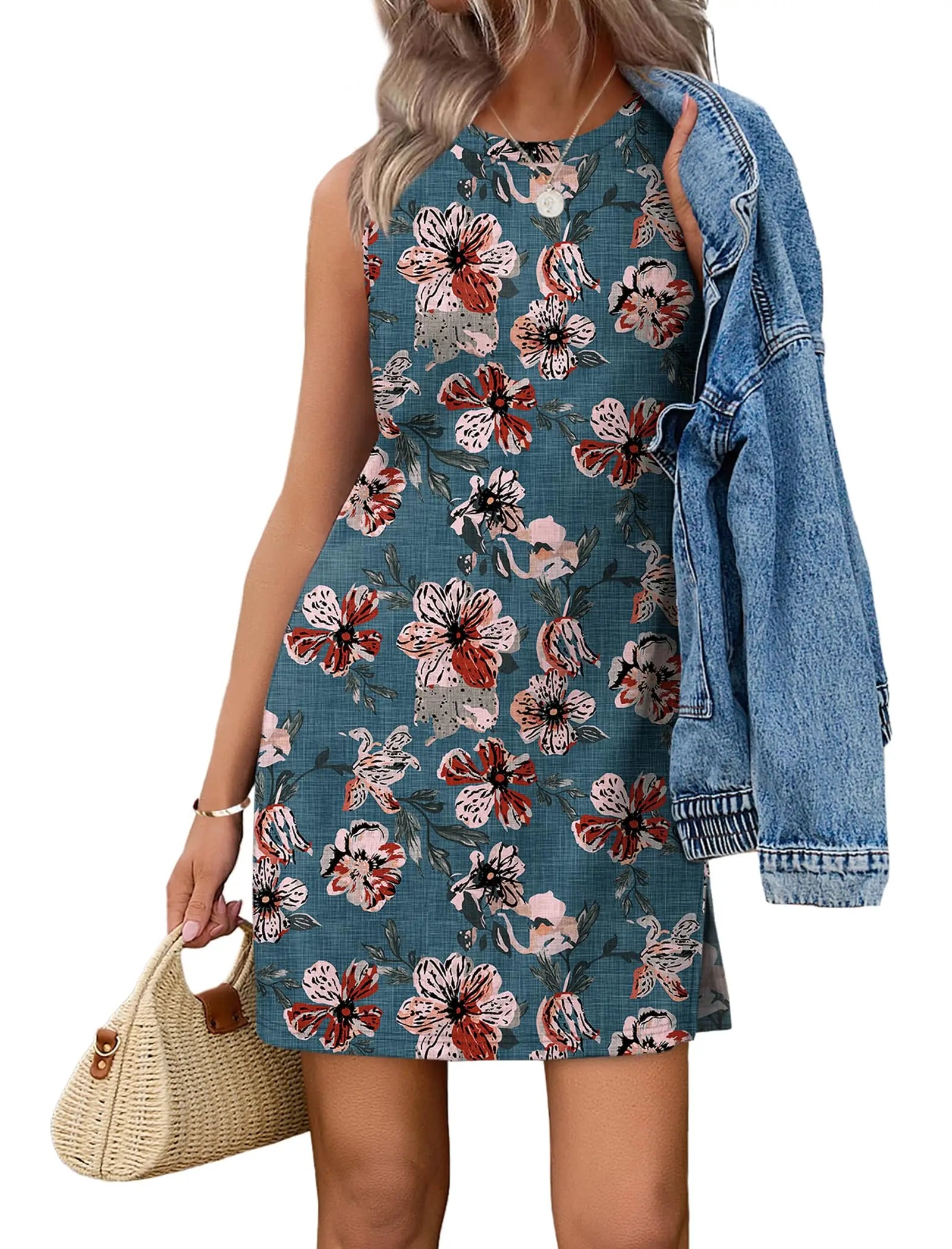 Casual Sleeveless Crewneck Dress Women Boho Summer Vacation Floral Paisley Print Mini Dress