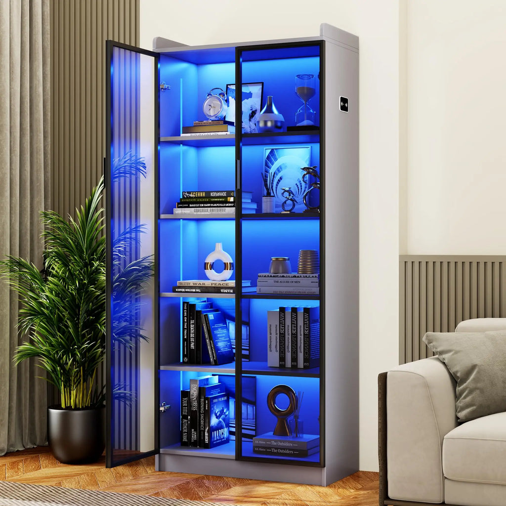 Dystler 65" Tall 5 Tier Display Cabinet with Doors Adjustable Shelves LED Light Bookcase Human Body Sensor Storage Cabinet