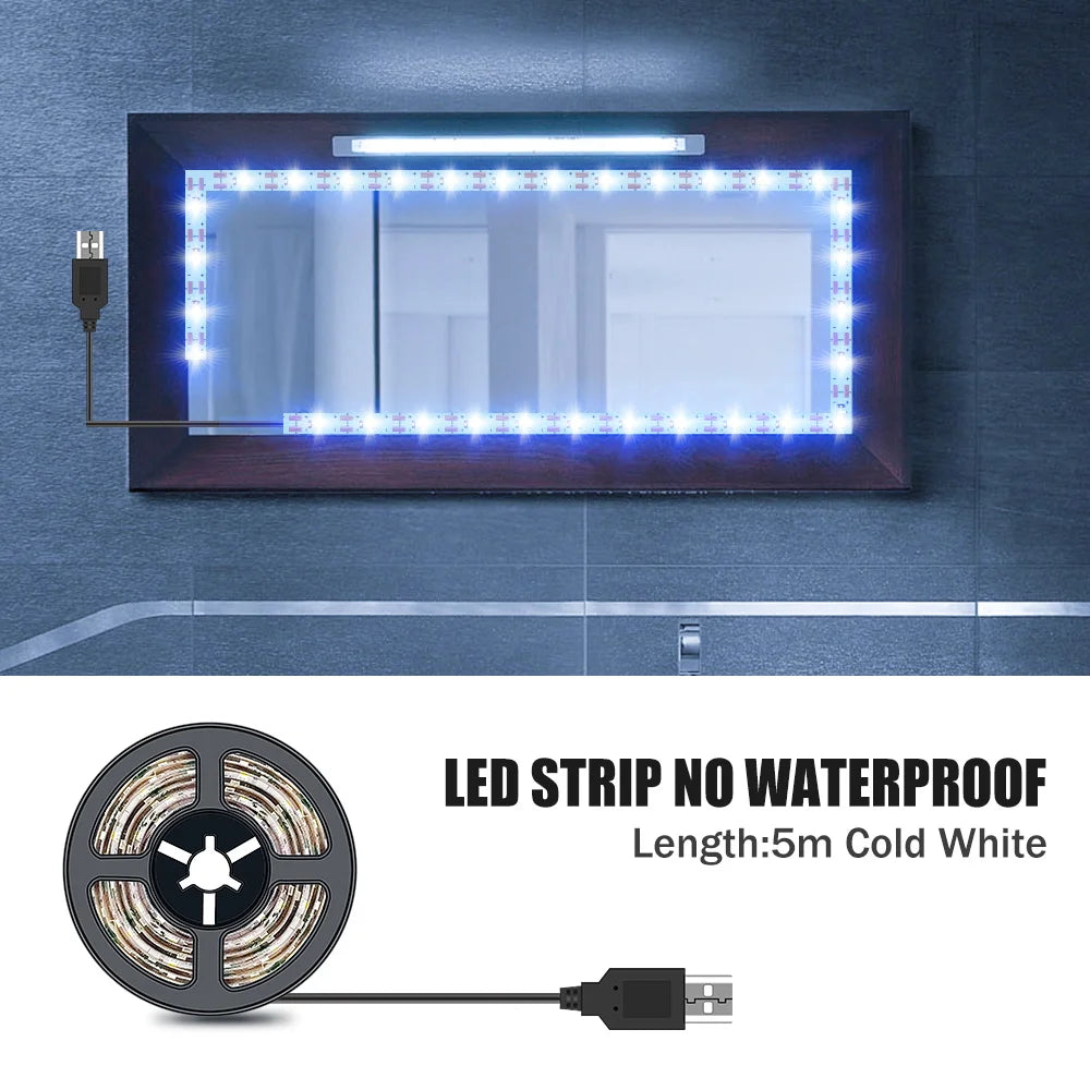 DC5V LED Makeup Mirror Light Strip USB Dressing Table Lamp LED Tape Room Decoration Bedroom Vanity Lights 0.5M 1M 2M 3M 4M 5M