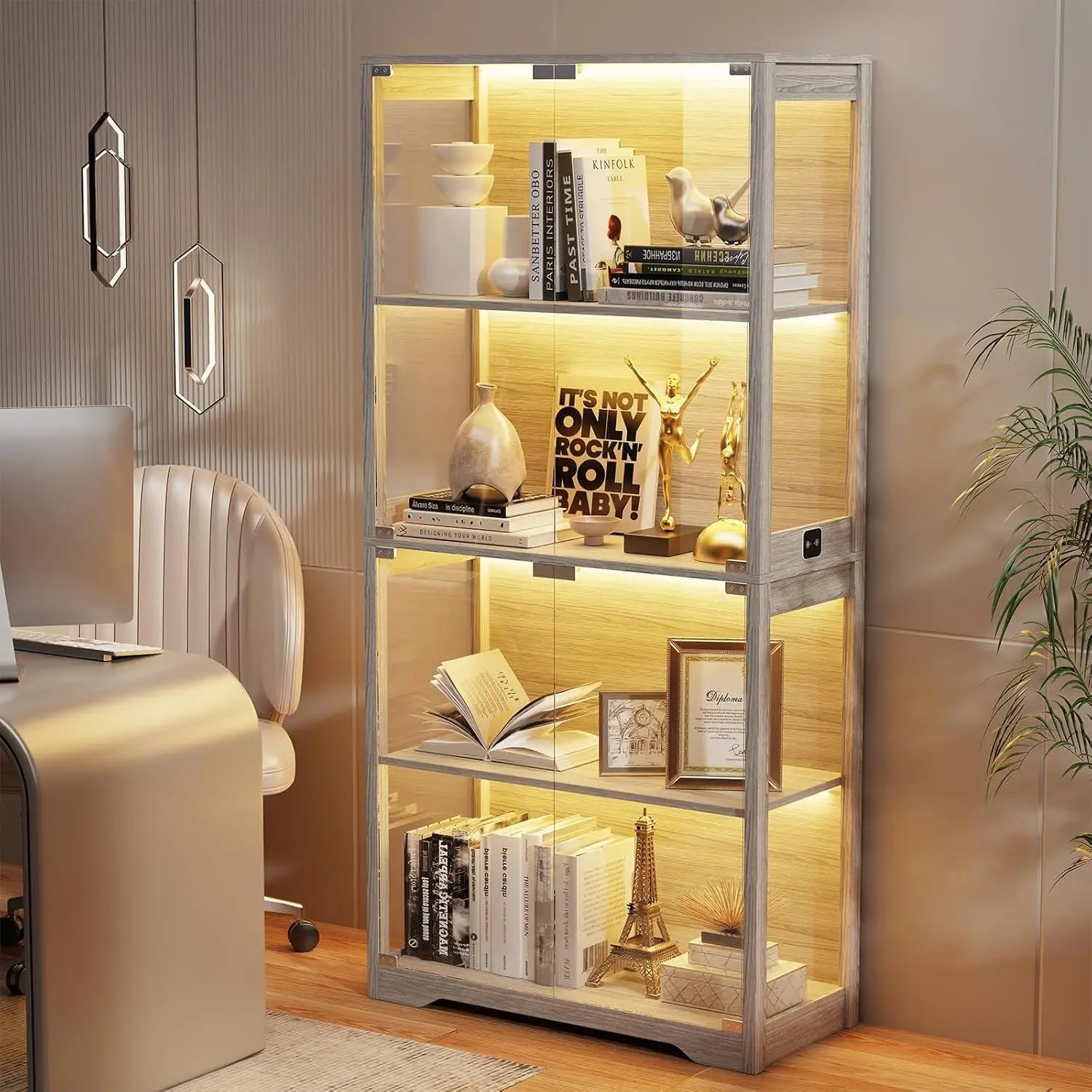 SGIAWETA-Display Cabinet with Glass Doors, 4-Tier Curio Cabinet with 3 Color Lights for Collectibles, Glass-birthday gift