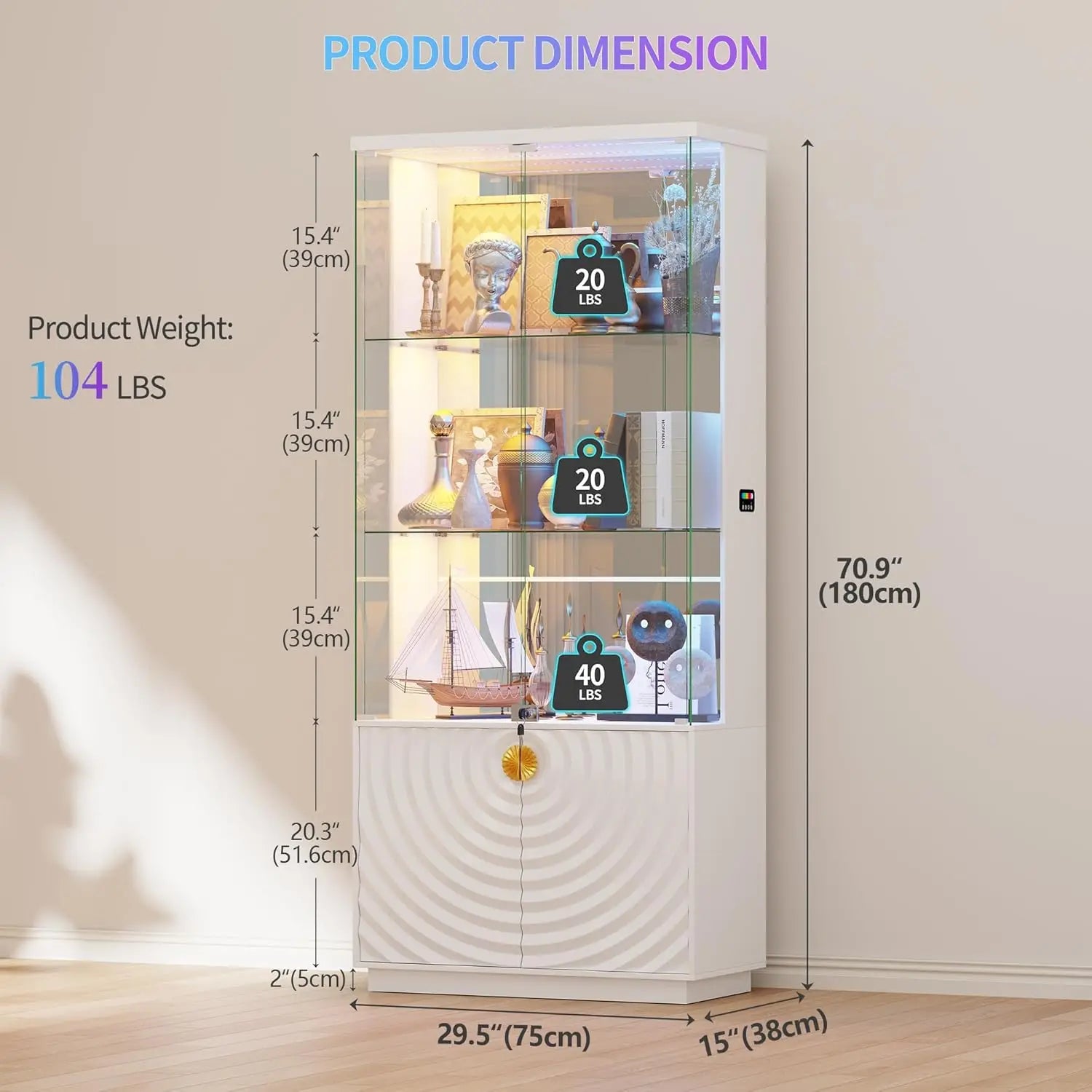 Display Cabinet with Glass Doors - 71" High Gloss Curio Cabinet with Adjustable Glass Shelf, Lockable Display Cases with RBG