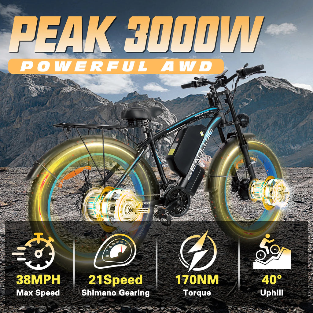 BAOLUJIE Peak 3000W/5000W Dual Motor Electric Bicycle  E-Bike for Adults，Electric Motorcycle 48V/52V Battery，Max Speed 38 MPH