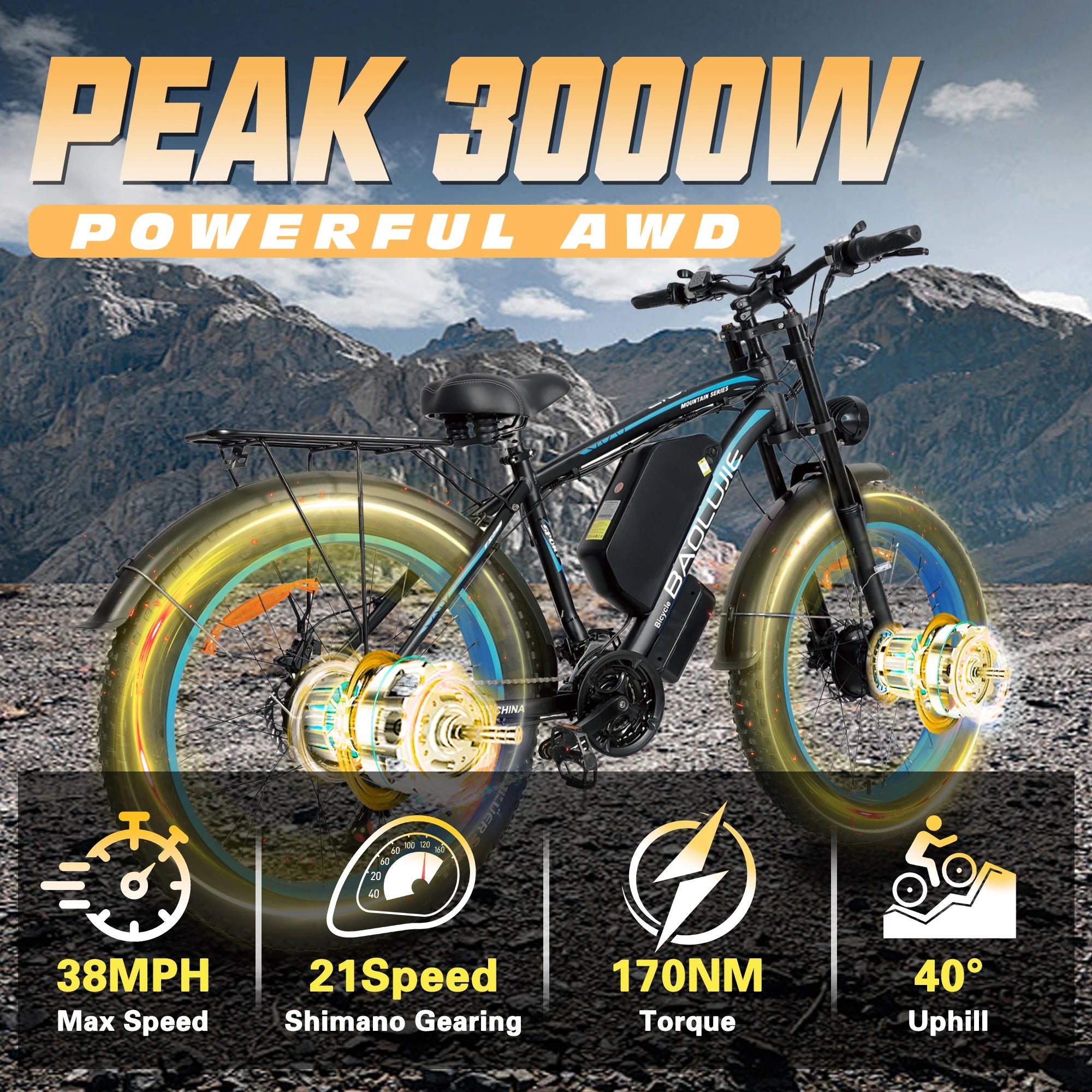 BAOLUJIE Peak 3000W/5000W Dual Motor Electric Bicycle  E-Bike for Adults，Electric Motorcycle 48V/52V Battery，Max Speed 38 MPH