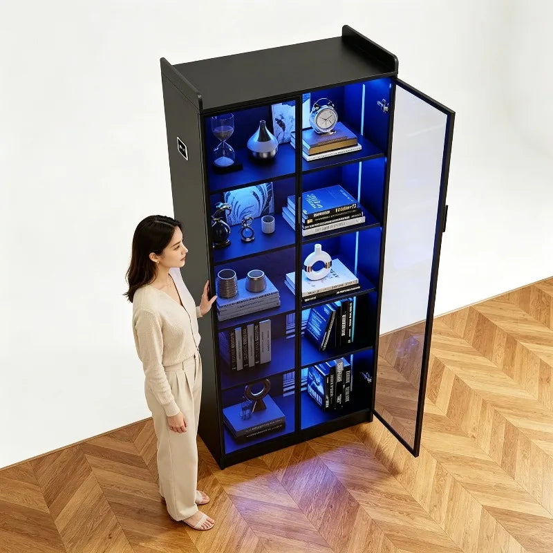 Dystler 65" Tall 5 Tier Display Cabinet with Doors Adjustable Shelves LED Light Bookcase Human Body Sensor Storage Cabinet