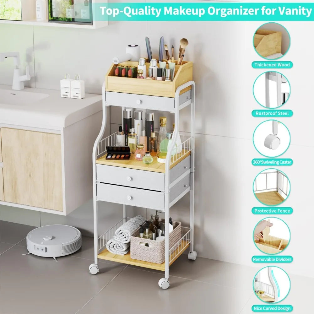 Vanity Makeup Organizer Cart with Drawers - Cosmetic Storage for Skincare, Perfume, Nail Polish & Brushes