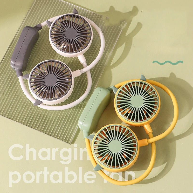 New Cartoon Cute Halter Neck Usb Charging Folding Mini Fan Outdoor Large Wind Power Electric Fan Usb Charging Accessories 2025