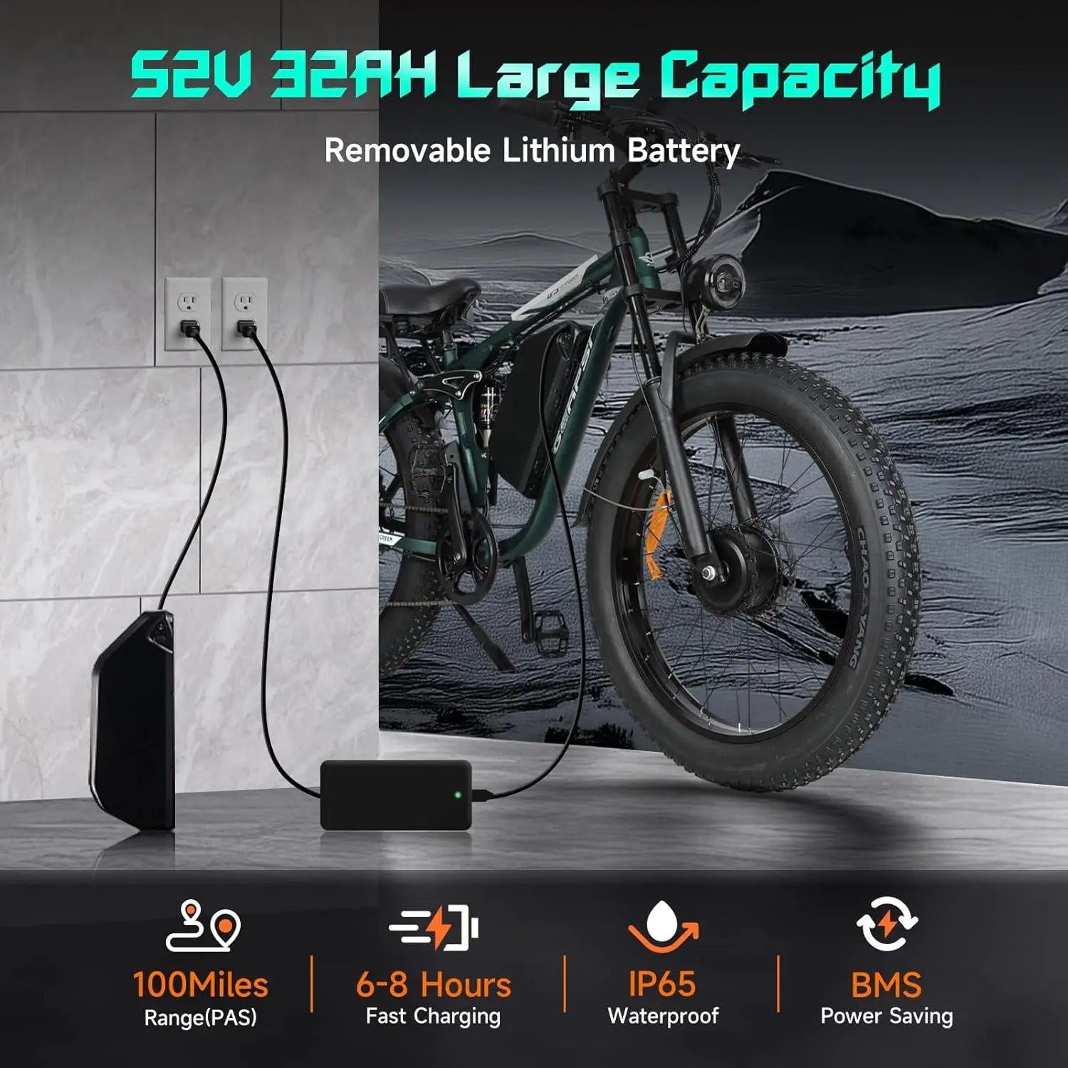 BAOLUJIE Peak 5000W 26" Electric Bike,52V 32AH Removable Battery 38MPH 7-Speed Adult EBike, Dual-Shock Absorption EBike Off-Road