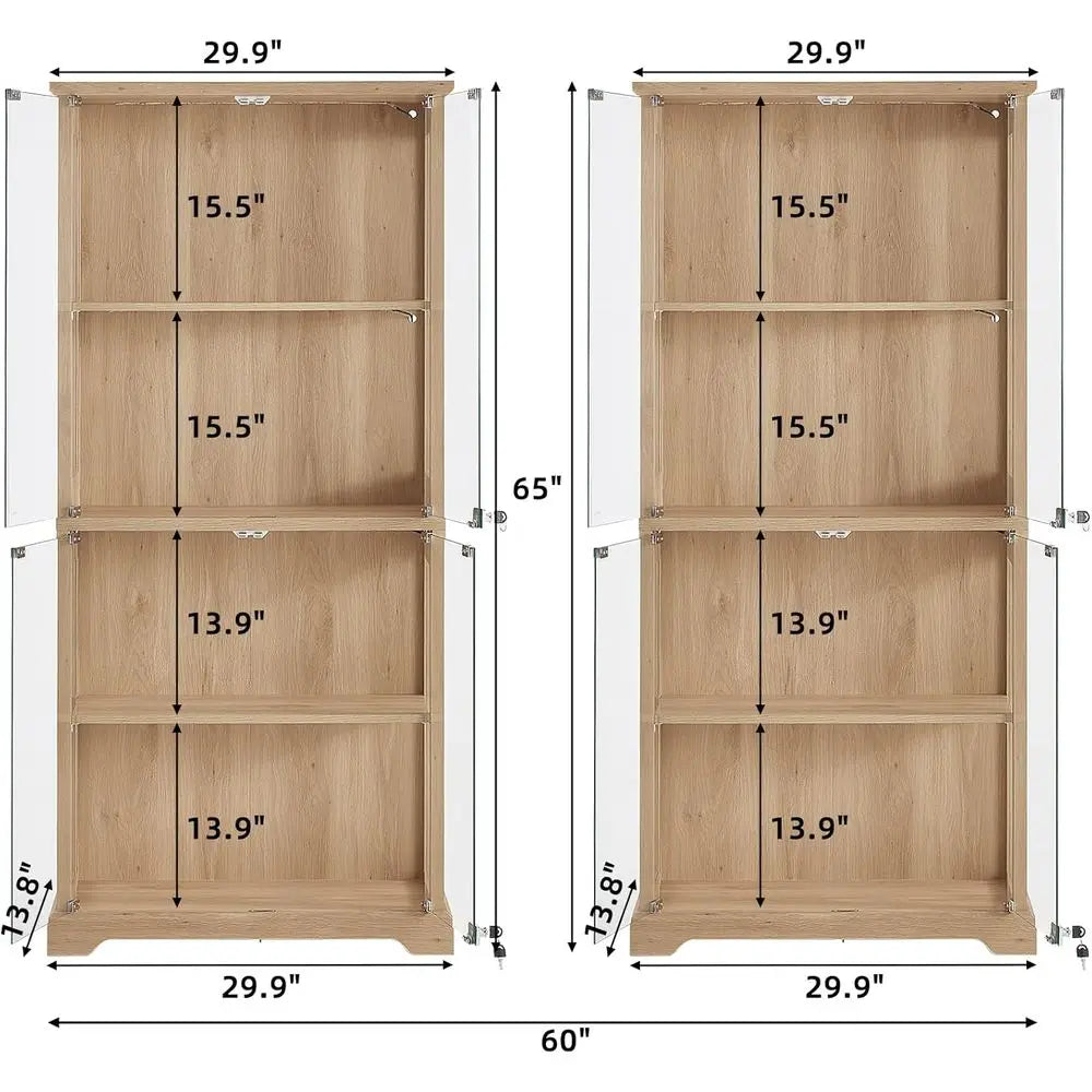 Dual Glass Door Display Cabinets with 3-Color LED Motion-Sensor Light, Natural Wood Finish