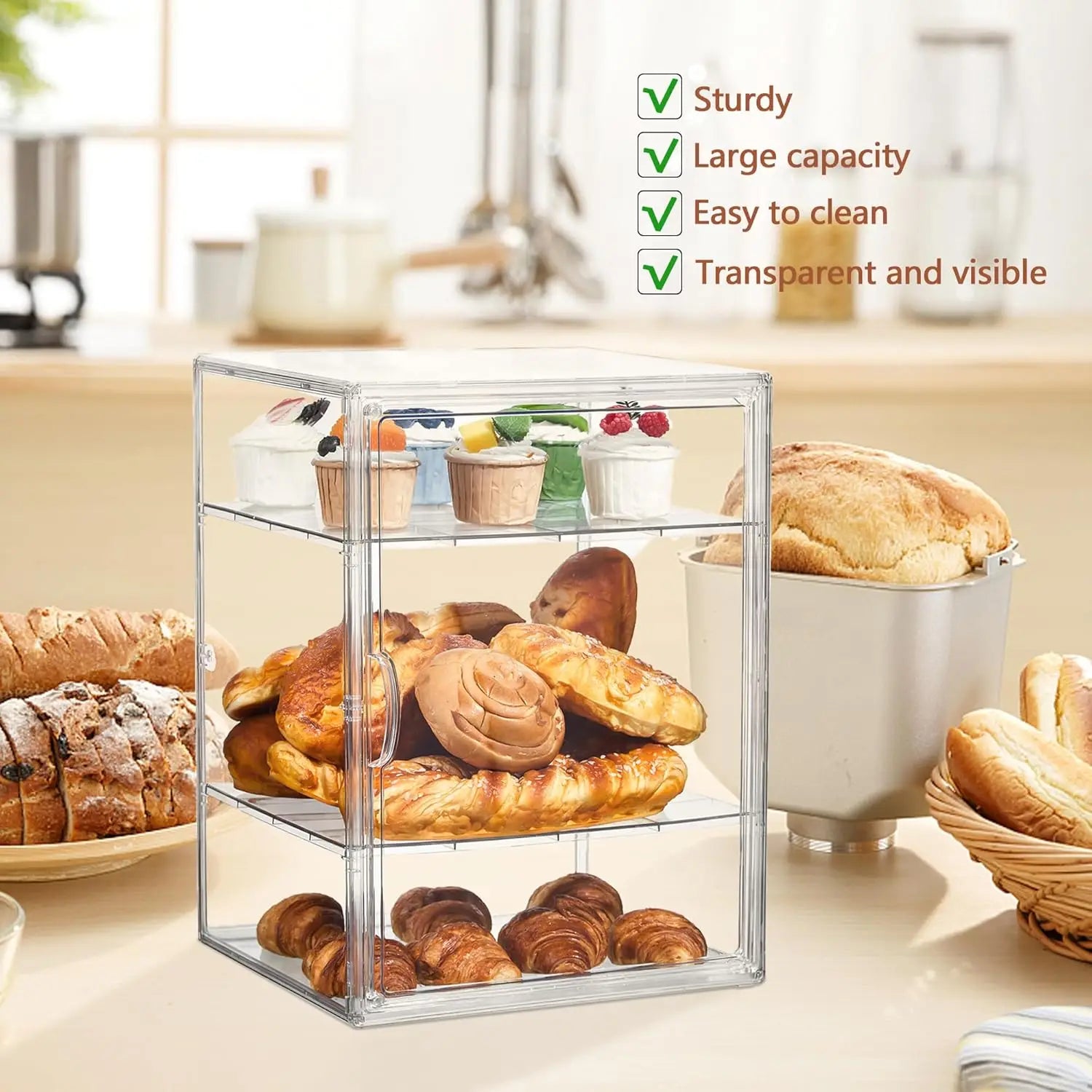 4-Layer Adjustable Clear Bread Box with Magnetic Door, 15.5x11.4x9.8in