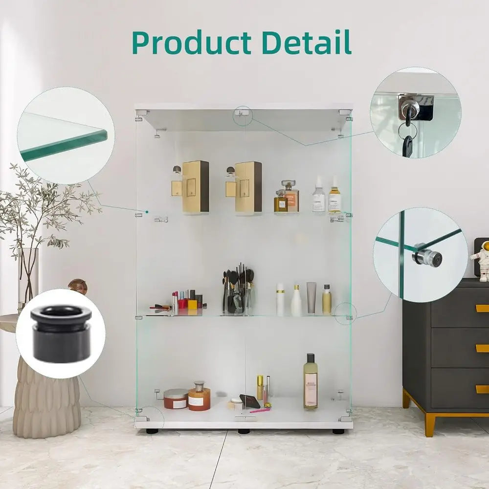 30-Minute Install 3-Shelf Double Door Glass Display Cabinet, Tempered Glass Floor Standing Bookshelf for Living/Bedroom, White,