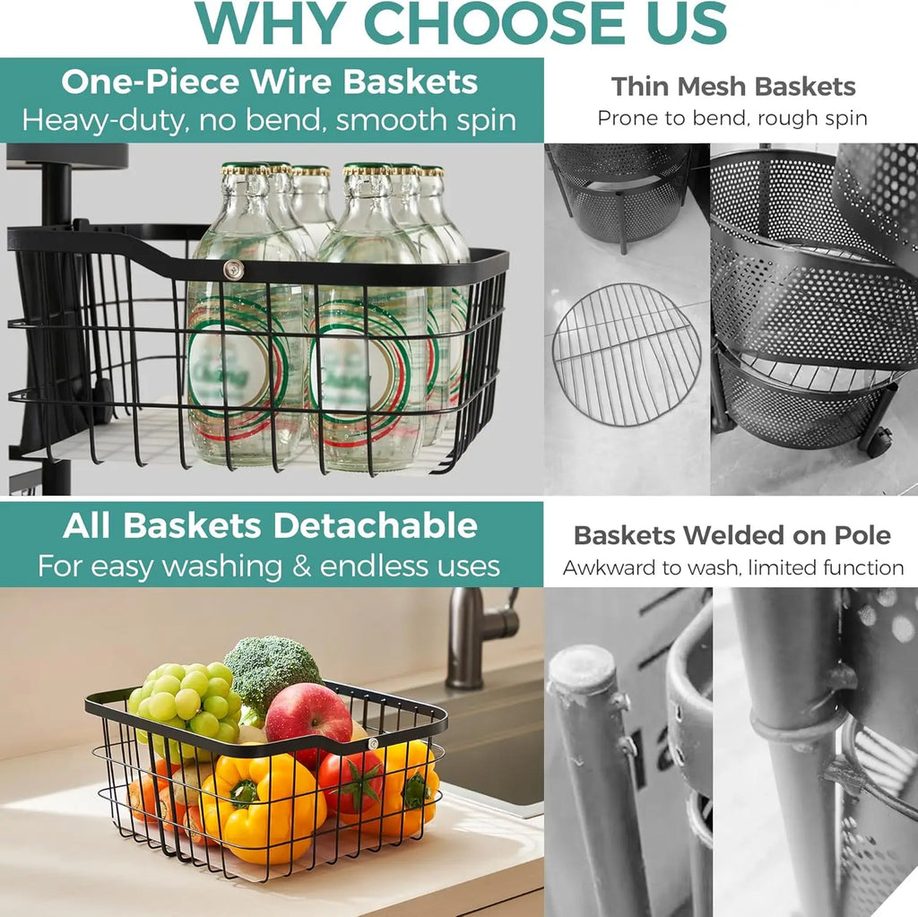 5 Tier Rotating Vegetable Storage Cart with Wheels, Black Kitchen Pantry Organizer
