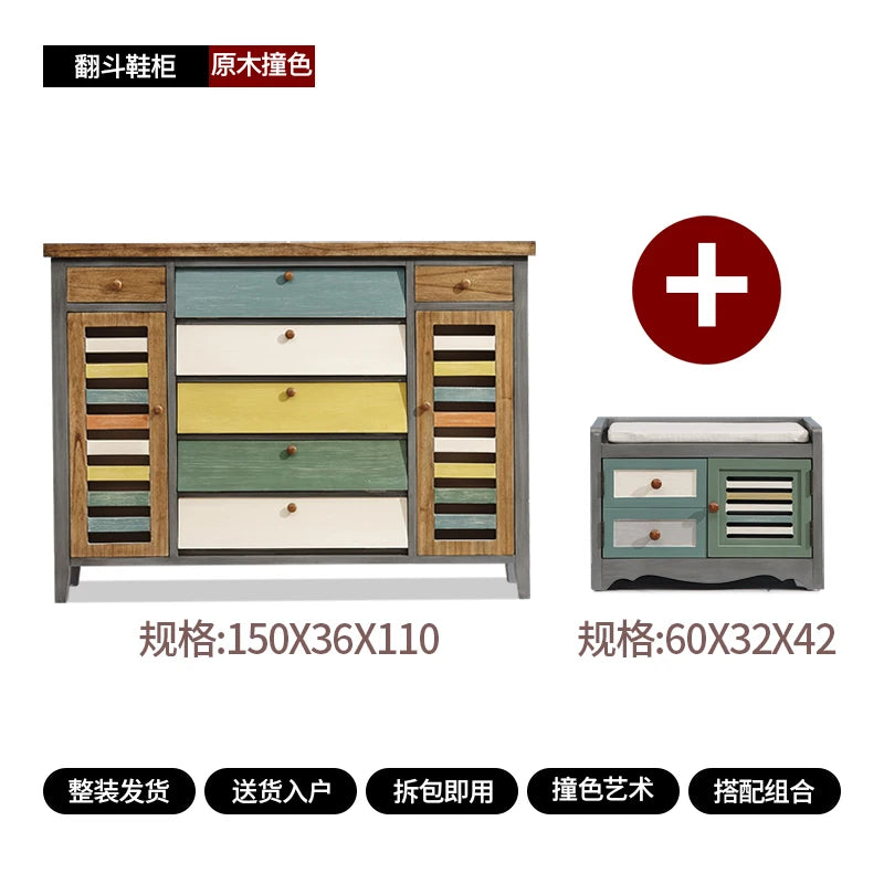 XL  American country shoe cabinet solid wood living room porch cabinet multi-functional locker