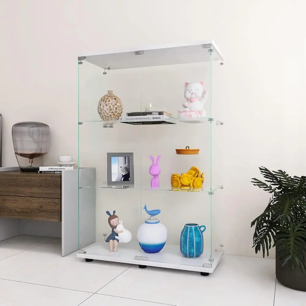 30-Minute Install 3-Shelf Double Door Glass Display Cabinet, Tempered Glass Floor Standing Bookshelf for Living/Bedroom, White,
