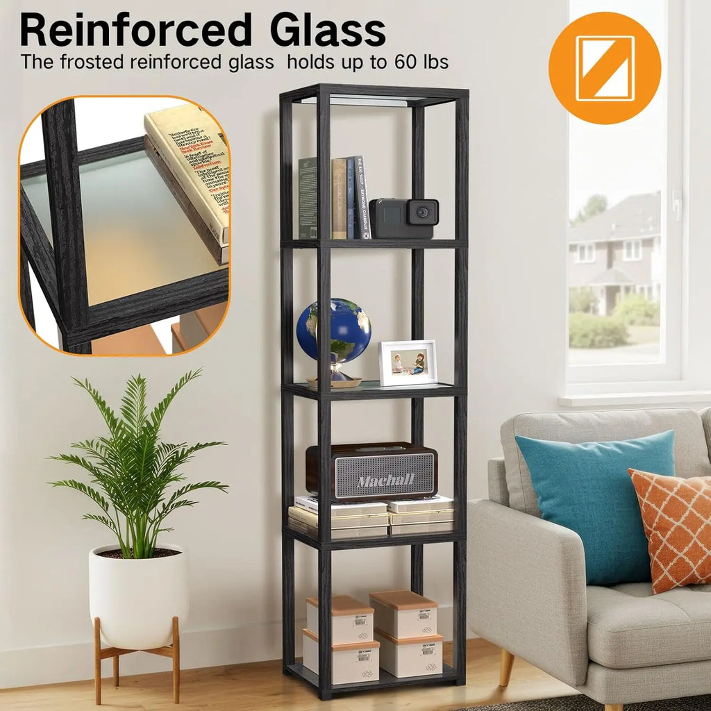 67" Glass Display Shelf , Collectibles Cabinet with Remote & App Control, 5 Tier Open Bookshelf for Living Room, Bedroom, Office