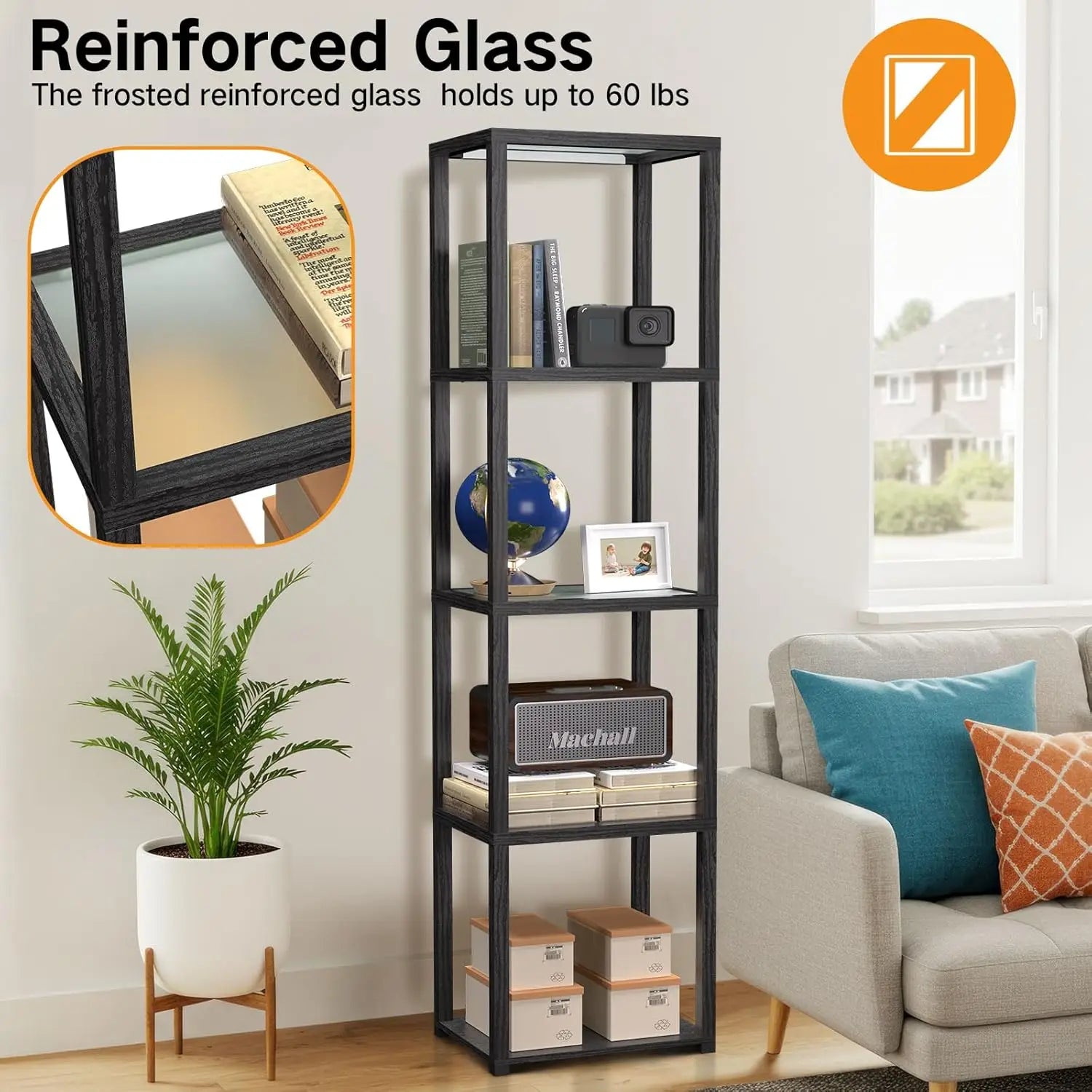 67" Glass Display Shelf , Collectibles Cabinet with Remote & App Control, 5 Tier Open Bookshelf for Living Room, Bedroom, Office
