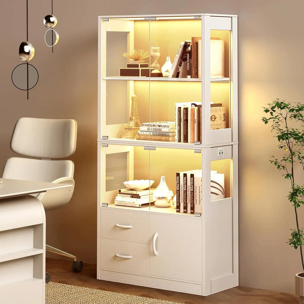 Display Cabinet with Glass Doors, 4-Tier Display Case with 3-Color Lights & Human Body Sensor, Storage Cabinets with 3 Shelve