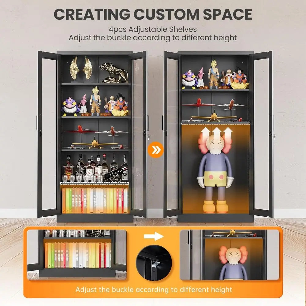 71 Tall Metal Glass Door Display Cabinet with Adjustable Shelves, Ideal for Liquor, Collectibles, Home or Clinic Use - Assembly