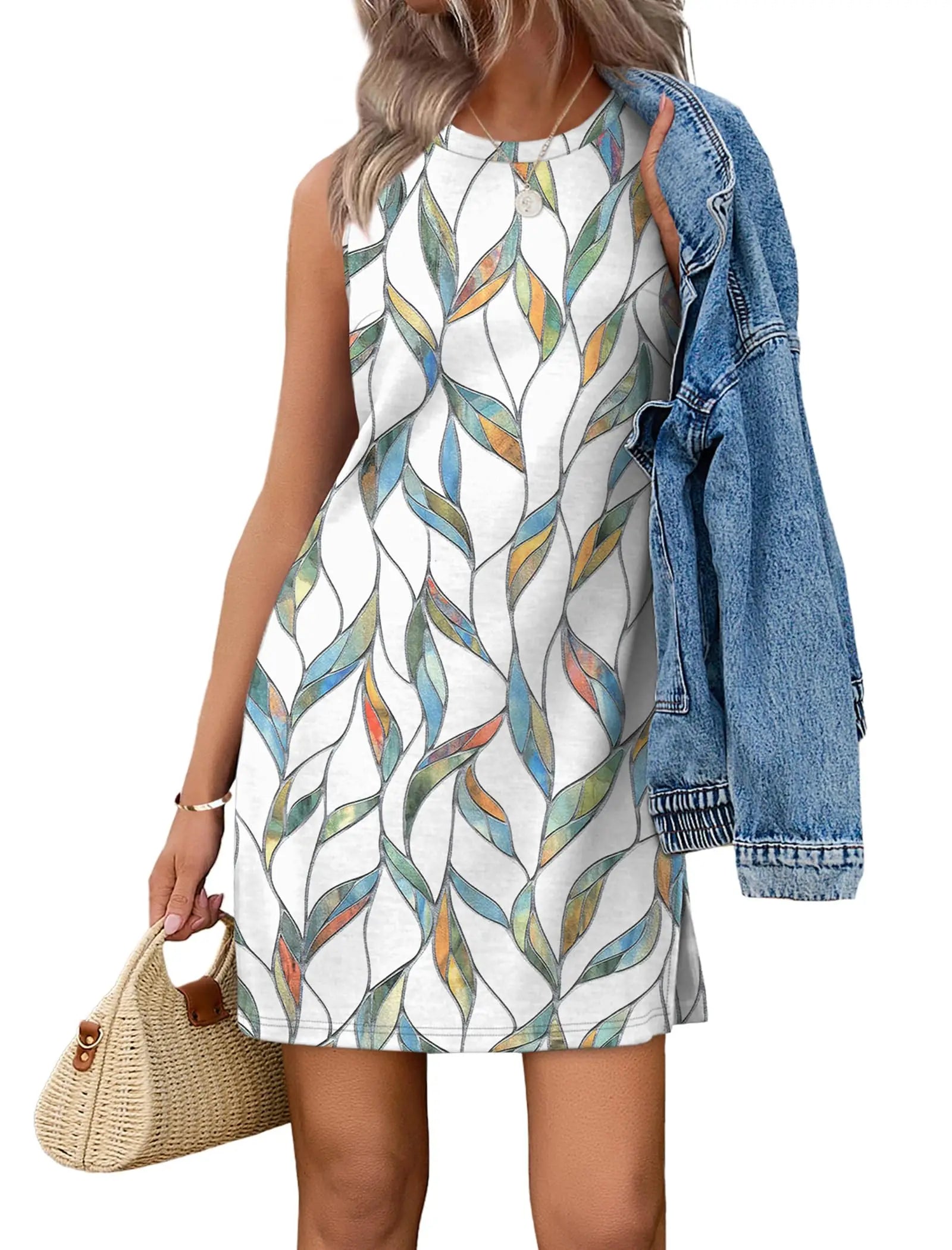 Casual Sleeveless Crewneck Dress Women Boho Summer Vacation Floral Paisley Print Mini Dress
