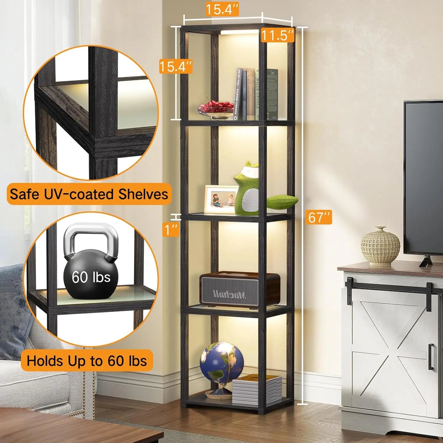 67" Glass Display Shelf , Collectibles Cabinet with Remote & App Control, 5 Tier Open Bookshelf for Living Room, Bedroom, Office