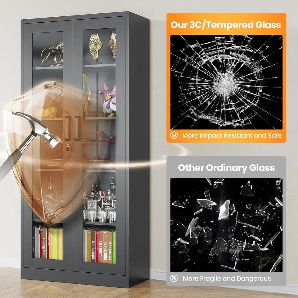 71 Tall Metal Glass Door Display Cabinet with Adjustable Shelves, Ideal for Liquor, Collectibles, Home or Clinic Use - Assembly