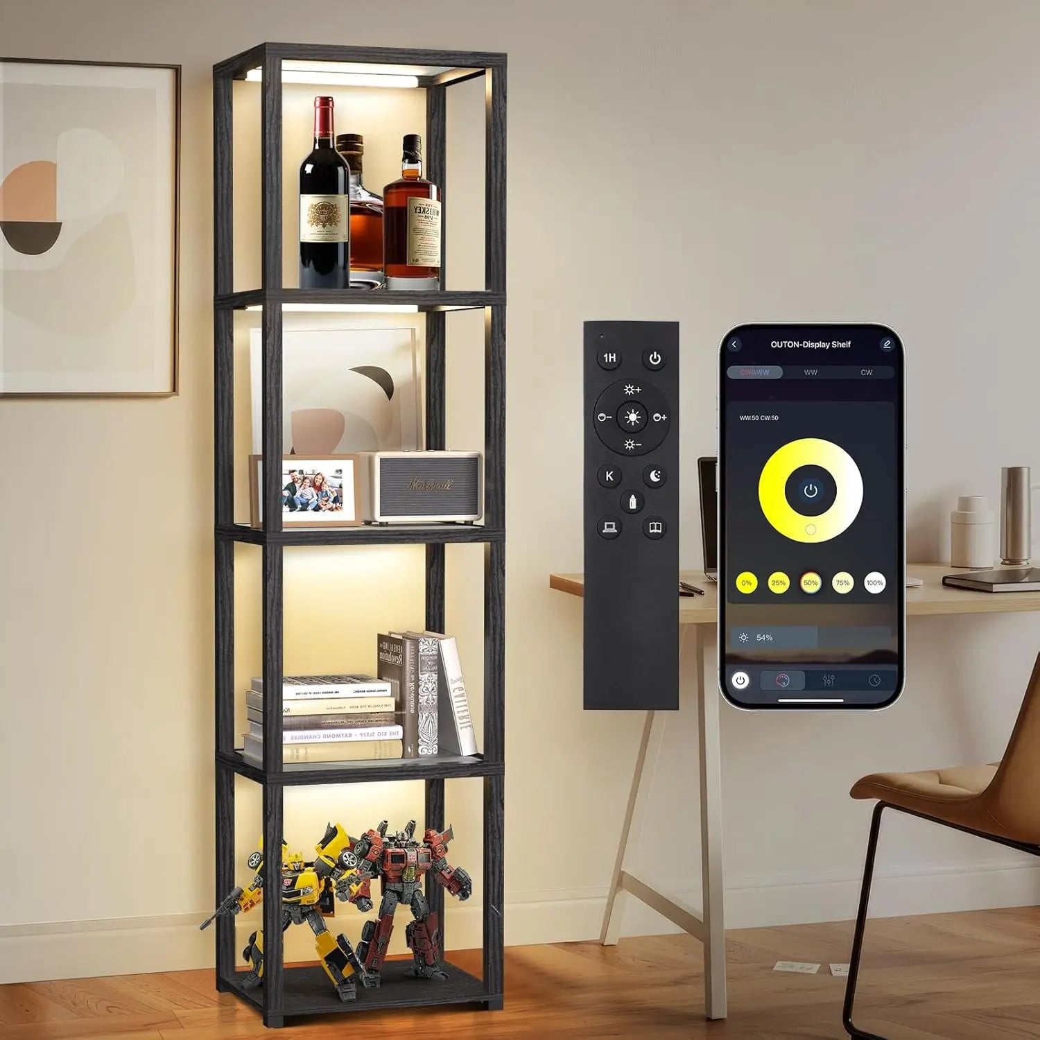 67" Glass Display Shelf , Collectibles Cabinet with Remote & App Control, 5 Tier Open Bookshelf for Living Room, Bedroom, Office