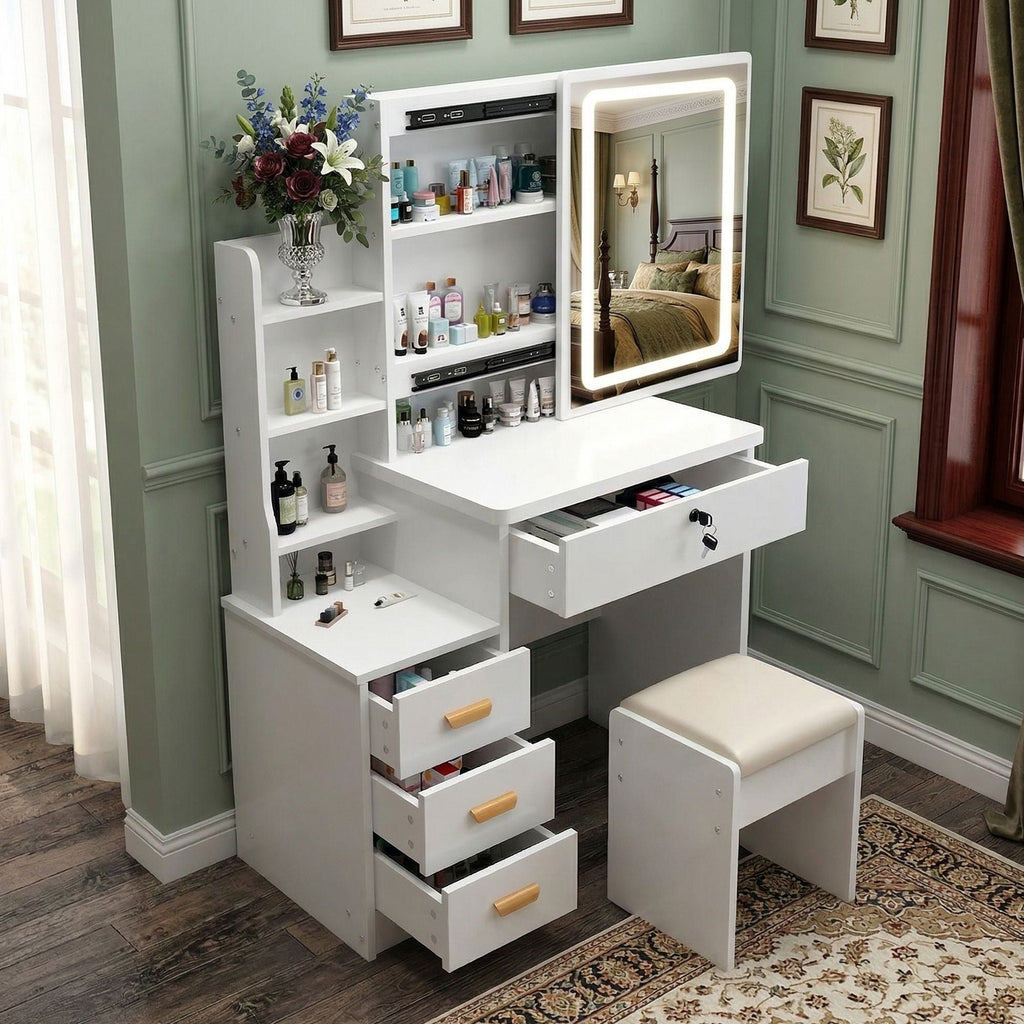 Makeup Vanity Desk with LED Lighted Mirror and Makeup Stool & 4