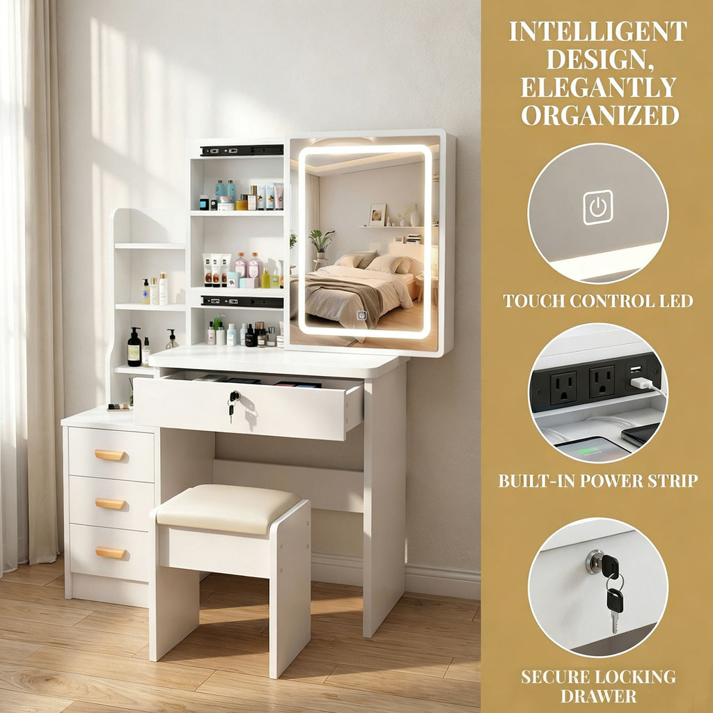 Makeup Vanity Desk with LED Lighted Mirror and Makeup Stool & 4