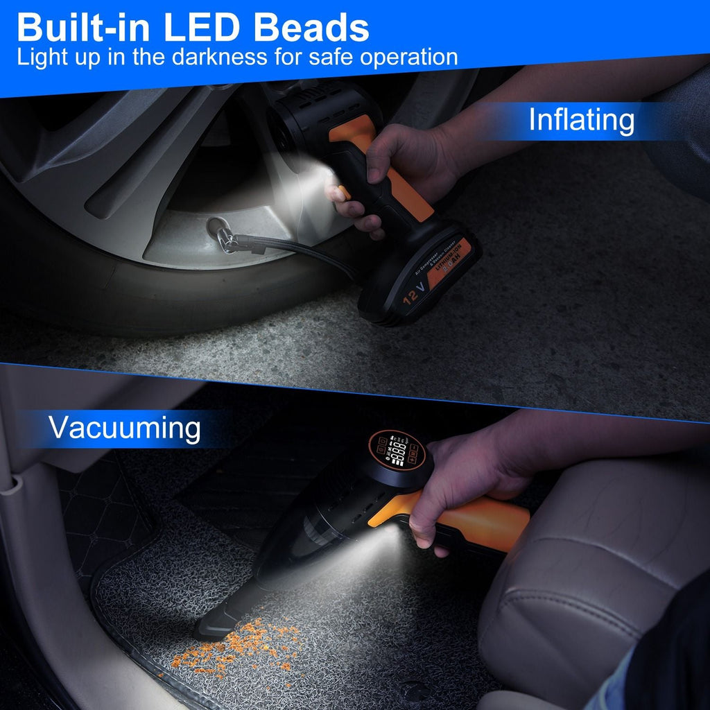 4 In 1 Cordless Car Vacuum Cleaner and Tire Inflator with LED Light