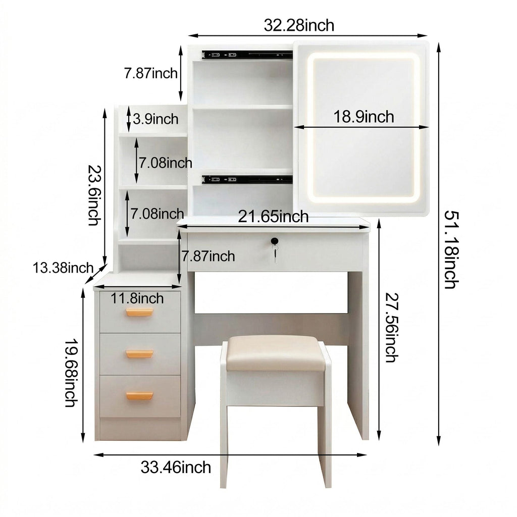 Makeup Vanity Desk with LED Lighted Mirror and Makeup Stool & 4