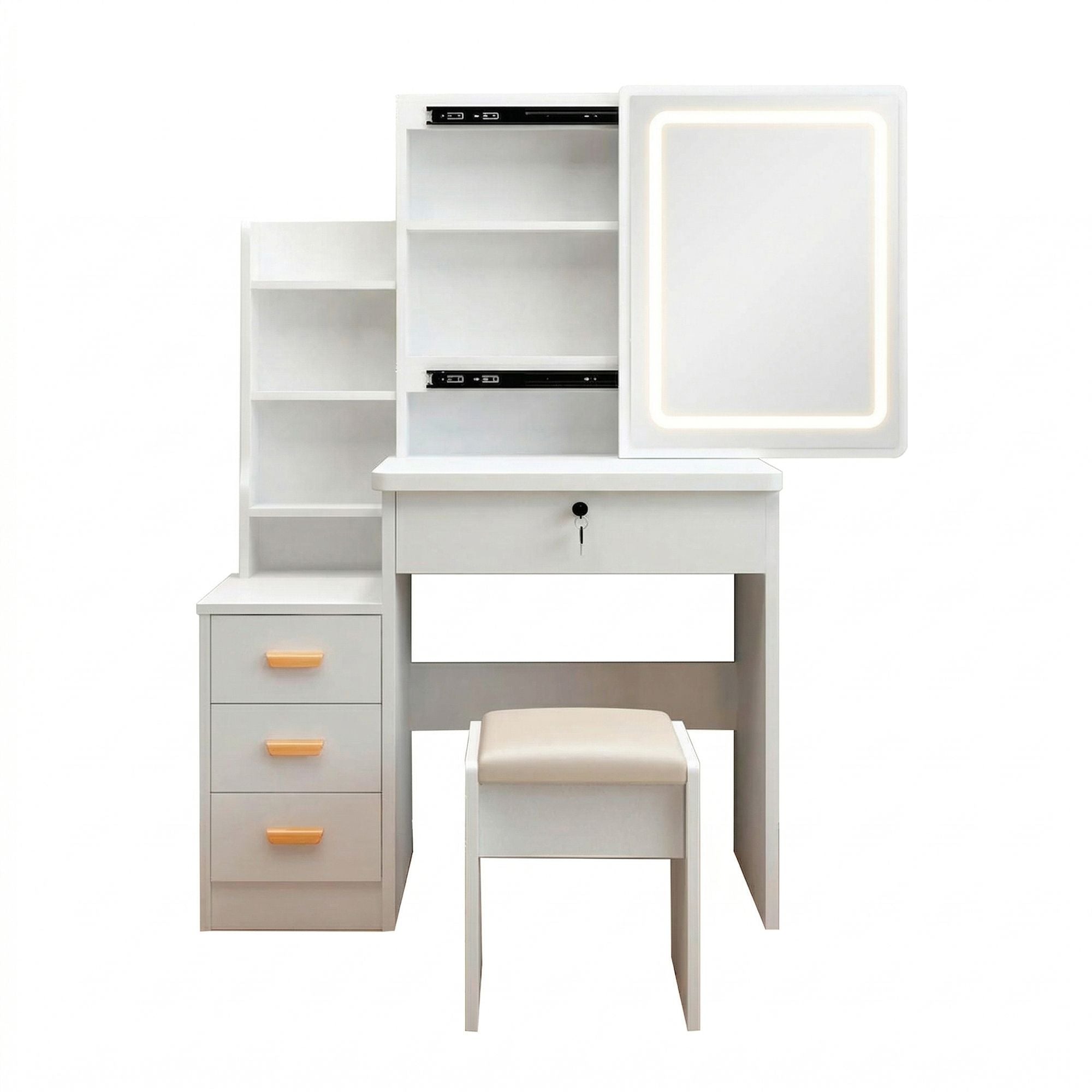 Makeup Vanity Desk with LED Lighted Mirror and Makeup Stool & 4