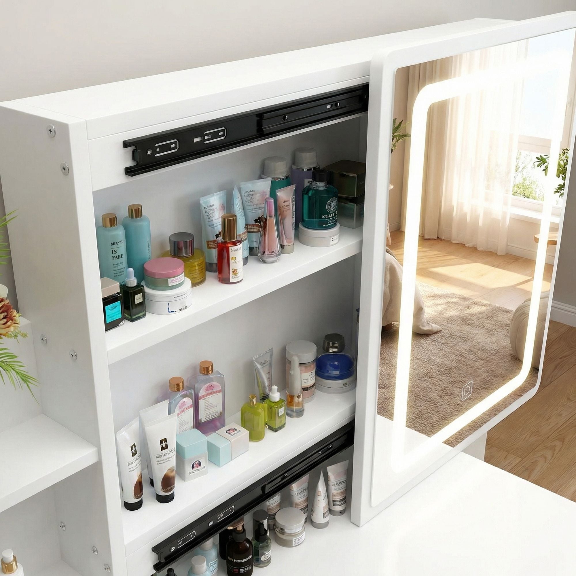 Makeup Vanity Desk with LED Lighted Mirror and Makeup Stool & 4