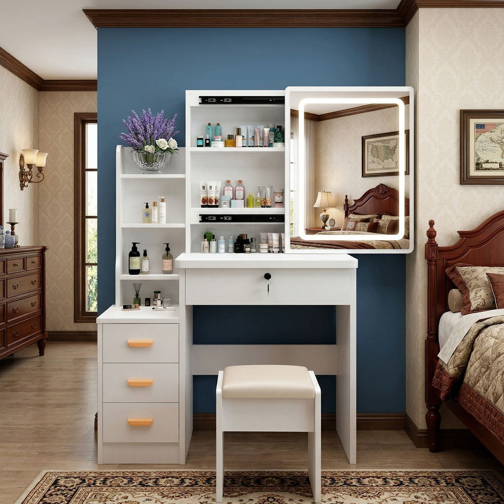 Makeup Vanity Desk with LED Lighted Mirror and Makeup Stool & 4