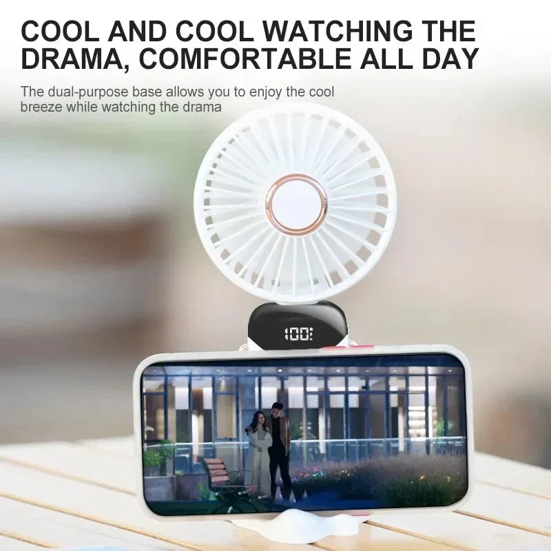 2026 New Mini Folding Portable Neck Hanging Fan with 5-speed USB Charging Fan with Phone Stand and Display 1800mAh
