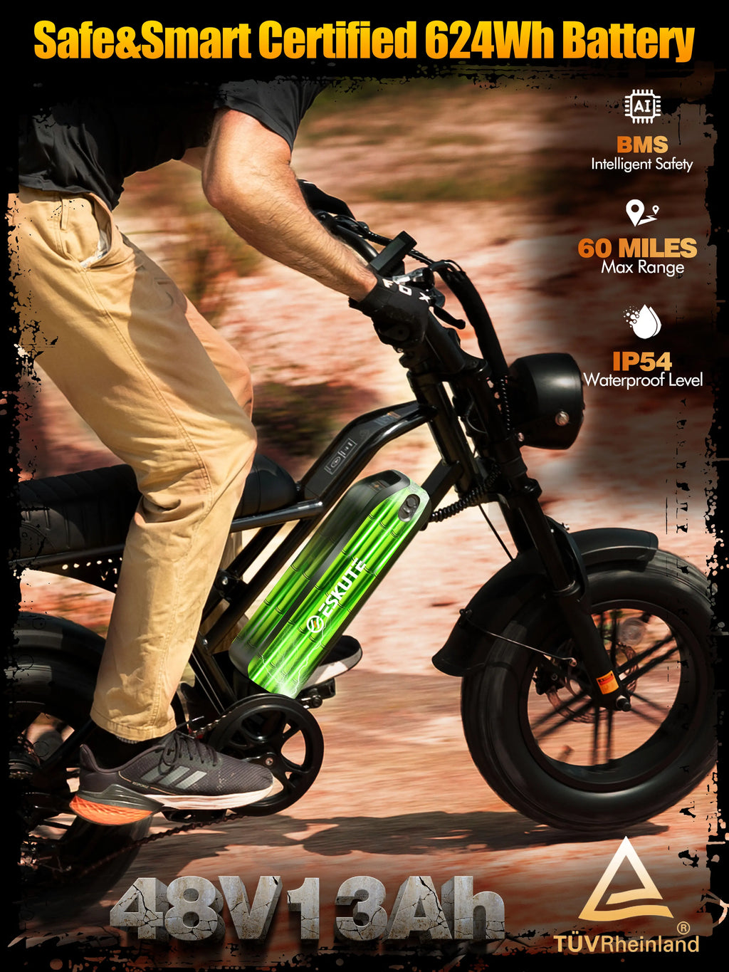 Eskute V100 Electric Motor, 1500W Peak 28MPH 48V13Ah Ebike, 16"x4" Fat Tire,  Dual Suspension E-Bike, 1 Year Warranty,UL28849
