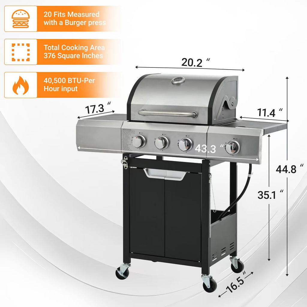 Propane Grill 3 Burner Barbecue Grill Stainless Steel Gas Grill With