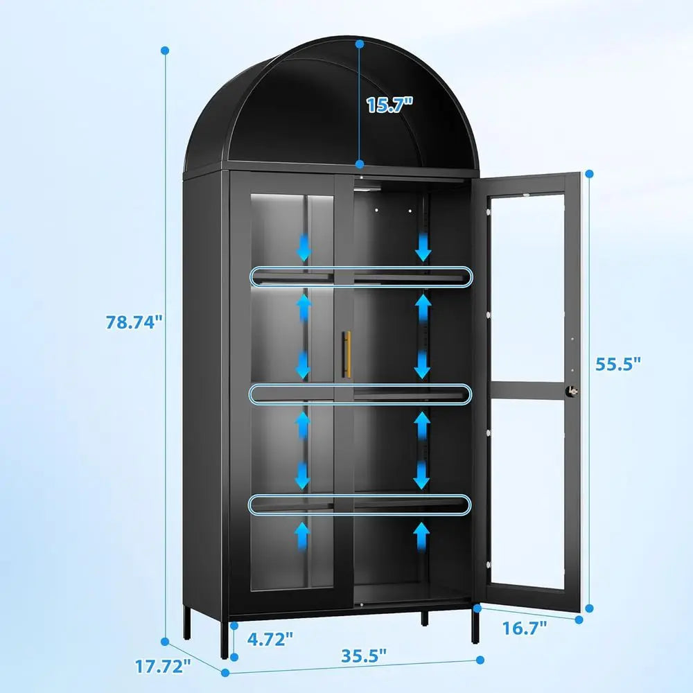 78.74 High Metal Arched Cabinet with Lock, LED Light Strip, Glass Doors, Adjustable Shelves - Ideal for Dining Room, Home Use, B