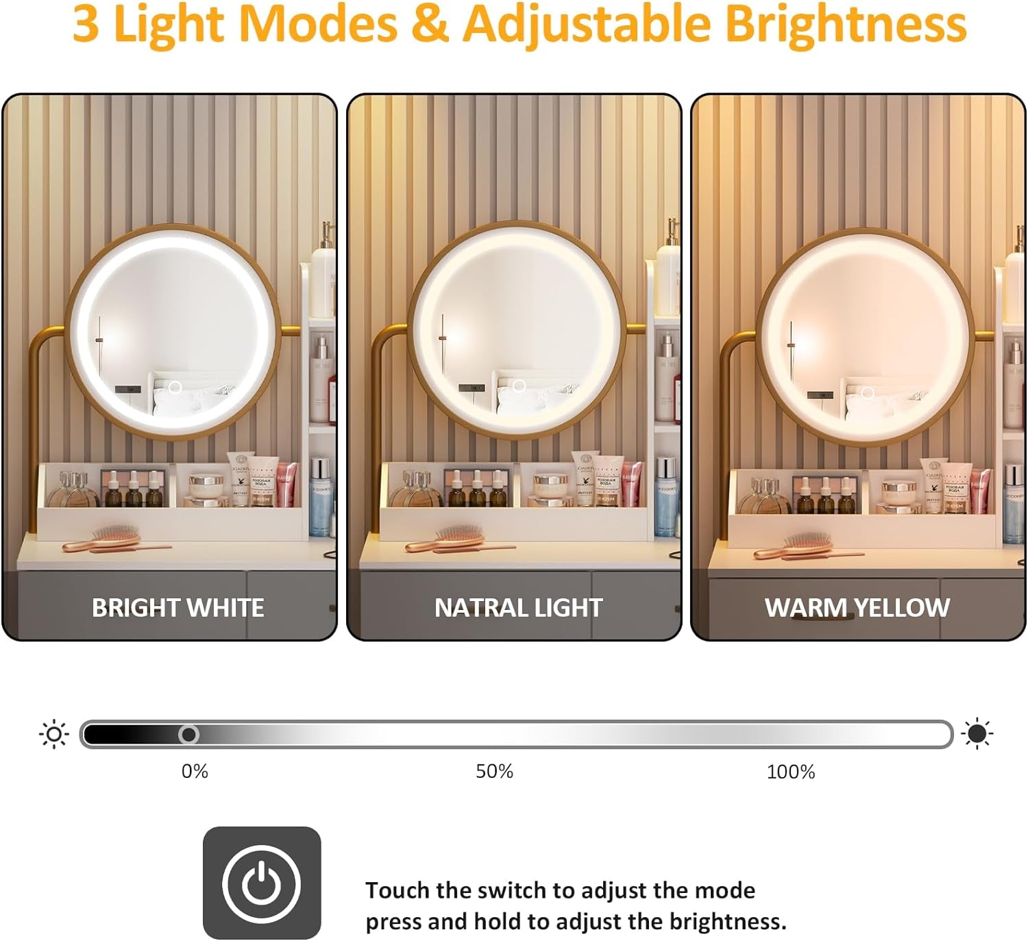 White Round LED Makeup Vanity Mirror With Charging Station 31.5 Inch