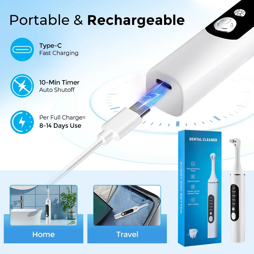 Electric Tooth Polisher Teeth Whitening Cleaner  6 Brush Heads LED Light Plaque Dental Tartar Remover Plaque Teeth Cleaning Set