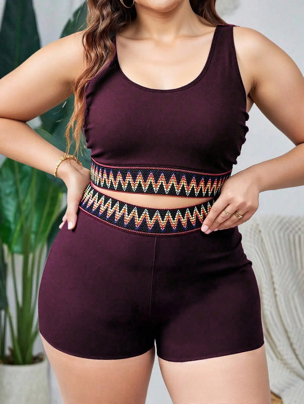 Plus Size Women Solid Round Neck Cropped Tank Top With High Waisted Shorts Beach Set