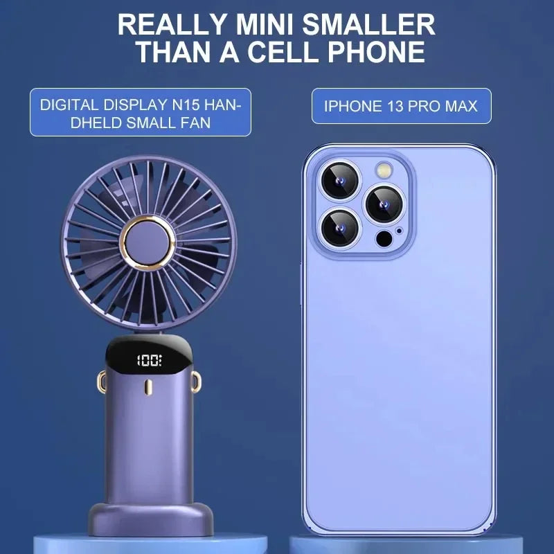 2026 New Mini Folding Portable Neck Hanging Fan with 5-speed USB Charging Fan with Phone Stand and Display 1800mAh