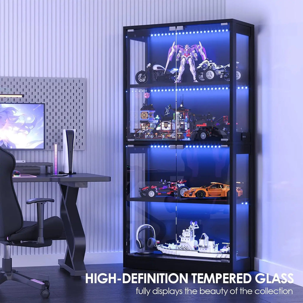 4-Tier Glass Door Display Cabinet with HD Glass, Human Sensor & 3 Lighting Modes for Curio Trophy, Custom
