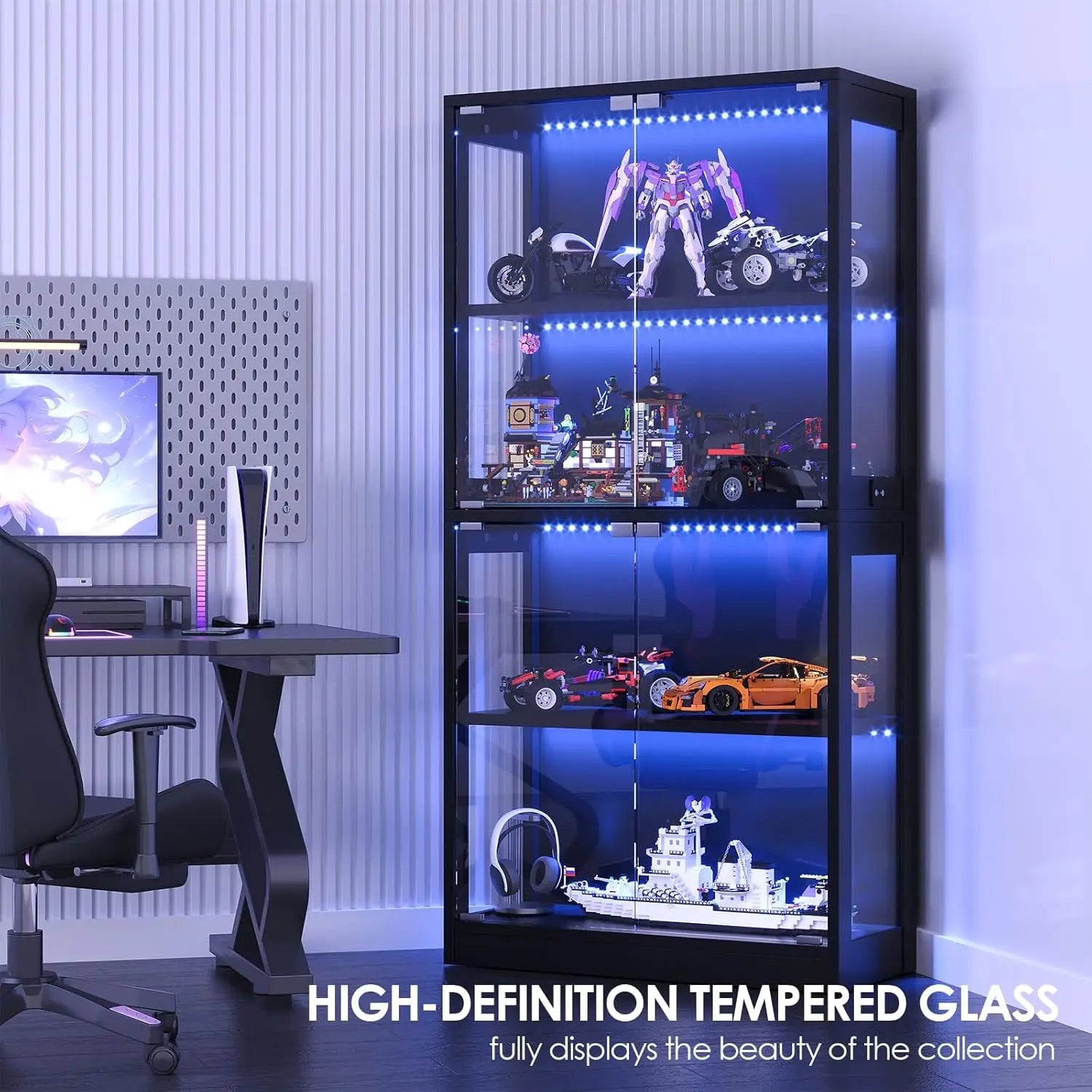 4-Tier Glass Door Display Cabinet with HD Glass, Human Sensor & 3 Lighting Modes for Curio Trophy, Custom