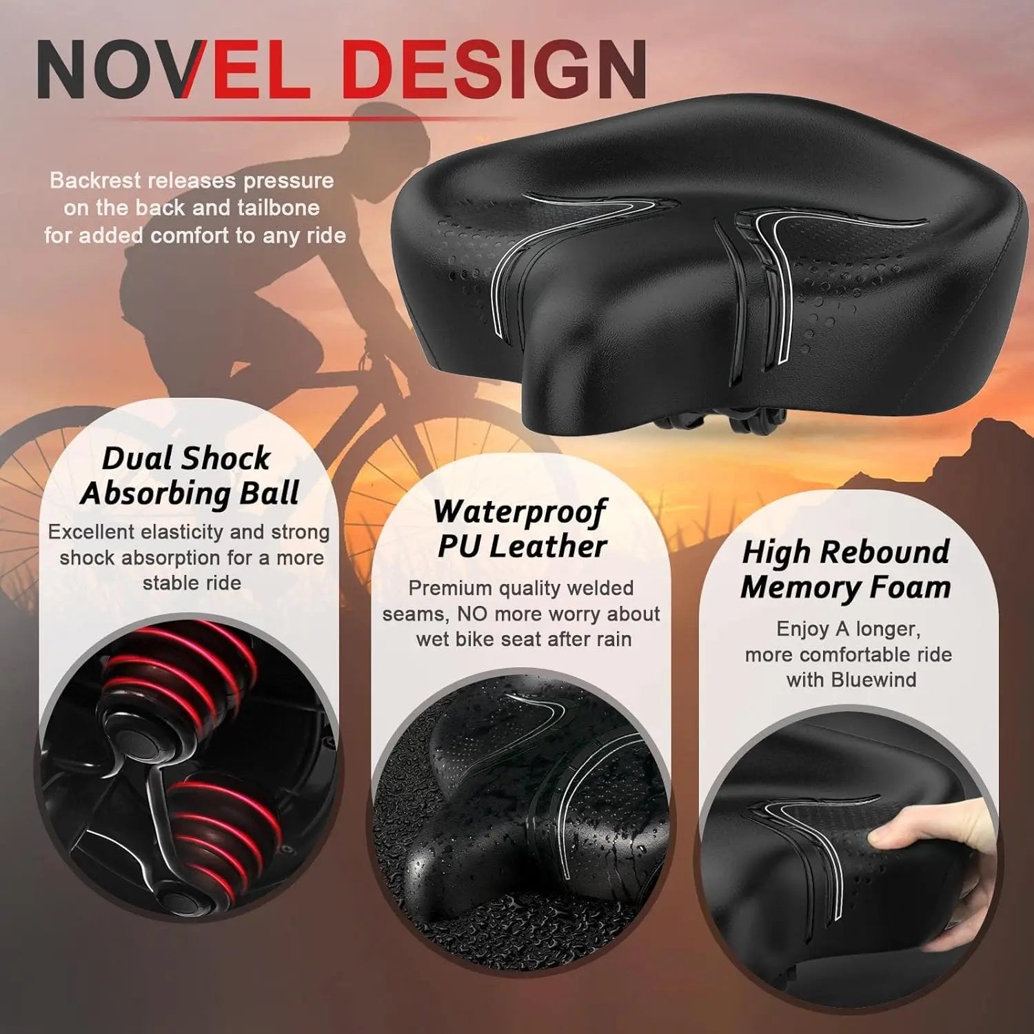 Oversized Bike Seat with Backrest, Universal Fit for Electric and Stationary Bikes, Comfortable for Men & Women