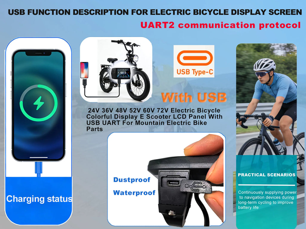Electric Bicycle T24 LCD Display Screen  24V-72V SM/WP for UART 2 Communication Protocol Controller