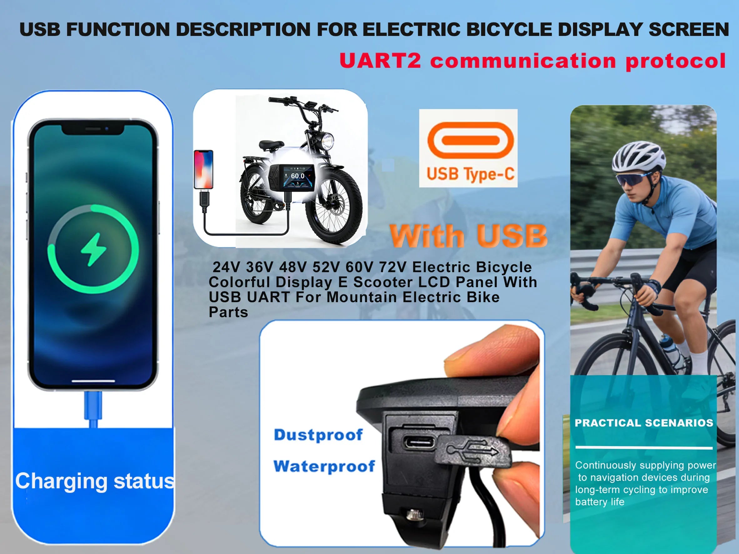 Electric Bicycle T24 LCD Display Screen  24V-72V SM/WP for UART 2 Communication Protocol Controller
